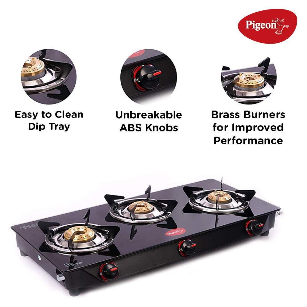 Pigeon by Stovekraft Aster 3 Burner Gas Stove with High Powered Brass Burner Gas Cooktop Cooktop with Glass Top