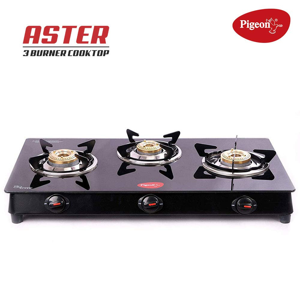 Pigeon by Stovekraft Aster 3 Burner Gas Stove with High Powered Brass Burner Gas Cooktop Cooktop with Glass Top