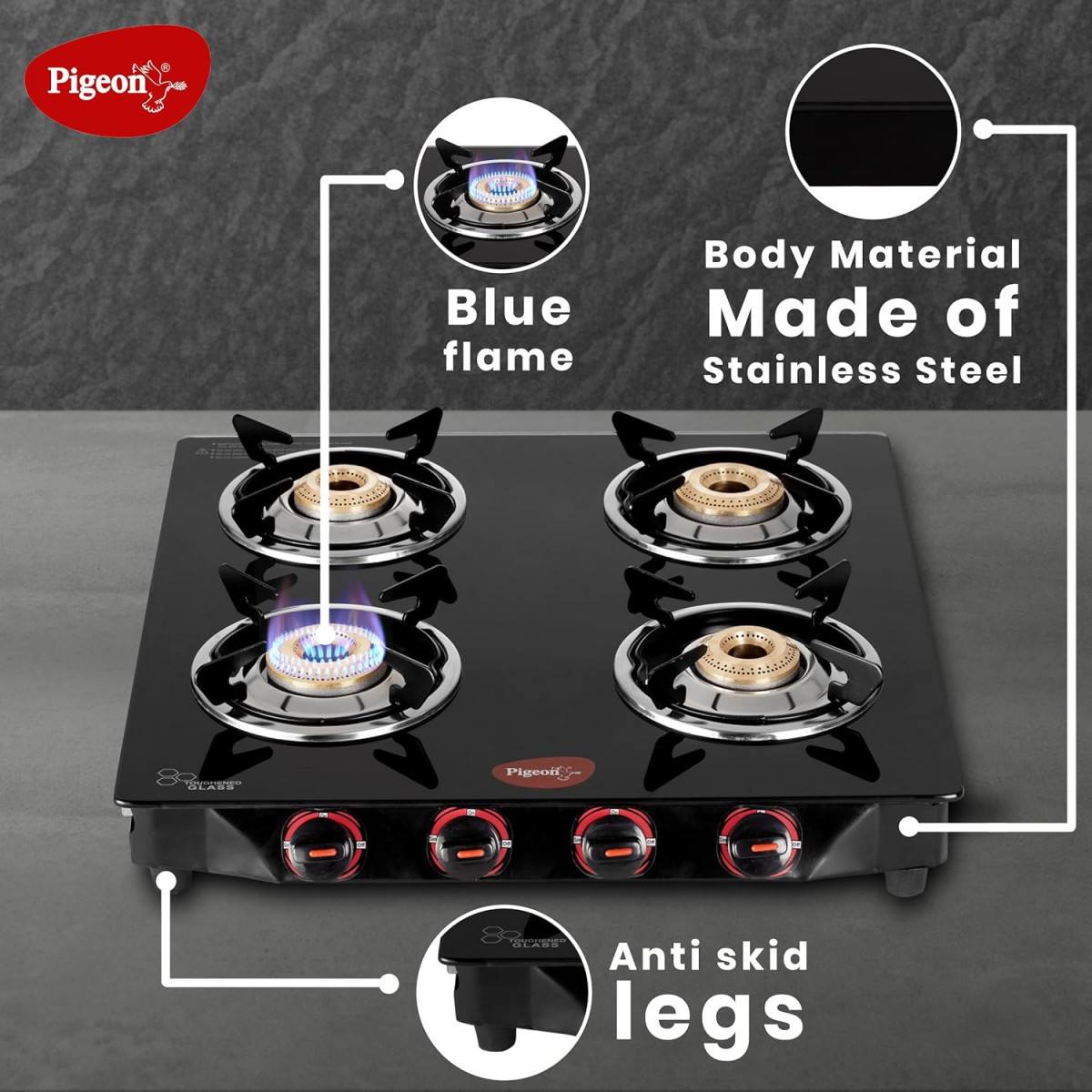 Pigeon by Stovekraft Aster Gas Stove 4 Burner with High Powered Brass Burner Gas Cooktop with Glass Top