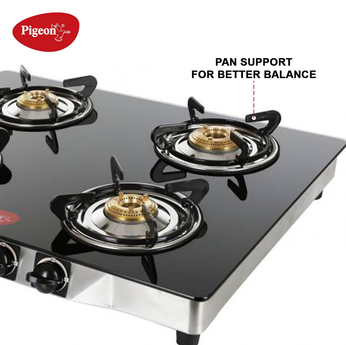 Pigeon by Stovekraft Blaze Gas Stove with High Powered 4 Brass Burner Glass Cooktop has Glass Top
