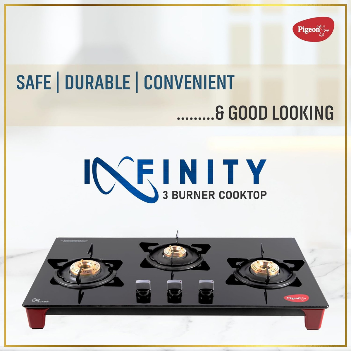 Pigeon Infinity Glass Stove Cooktop with Glass Top and Stainless Steel body 3 Burner Gas Stove Manual Ignition Black