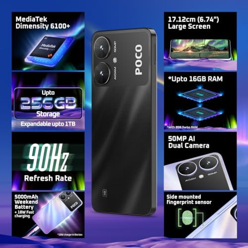 POCO M6 5G Galactic Black 4GB RAM 64GB Storage  MediaTek Dimensity 6100 5G Processor  5000 mAh Battery  18W Fast Charging  50 MP AI Dual-Camera System  Side Fingerprint Sensor