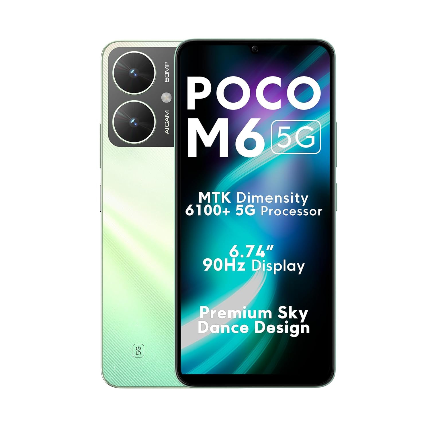 POCO M6 5G Polaris Green 4GB RAM 64GB Storage  MediaTek Dimensity 6100 5G Processor  5000 mAh Battery  18W Fast Charging  50 MP AI Dual-Camera System  Side Fingerprint Sensor