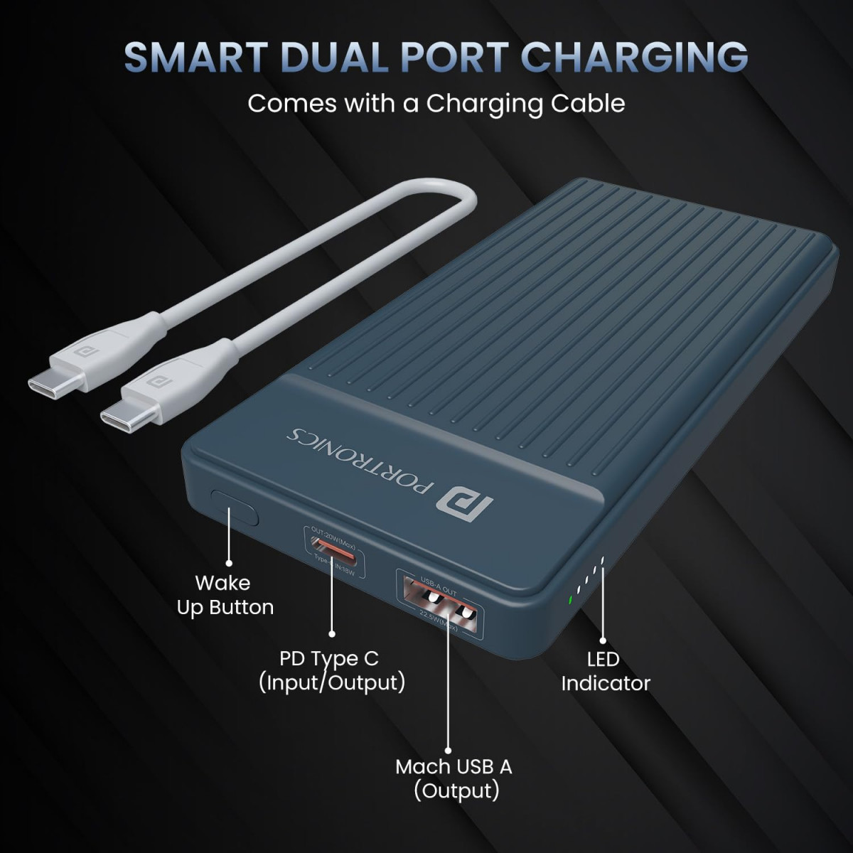 Portronics Luxcell B 10K 10000 mAh 225W Fast Charging Power Bank Ultra Slim Power Bank with Mach USB-A Output