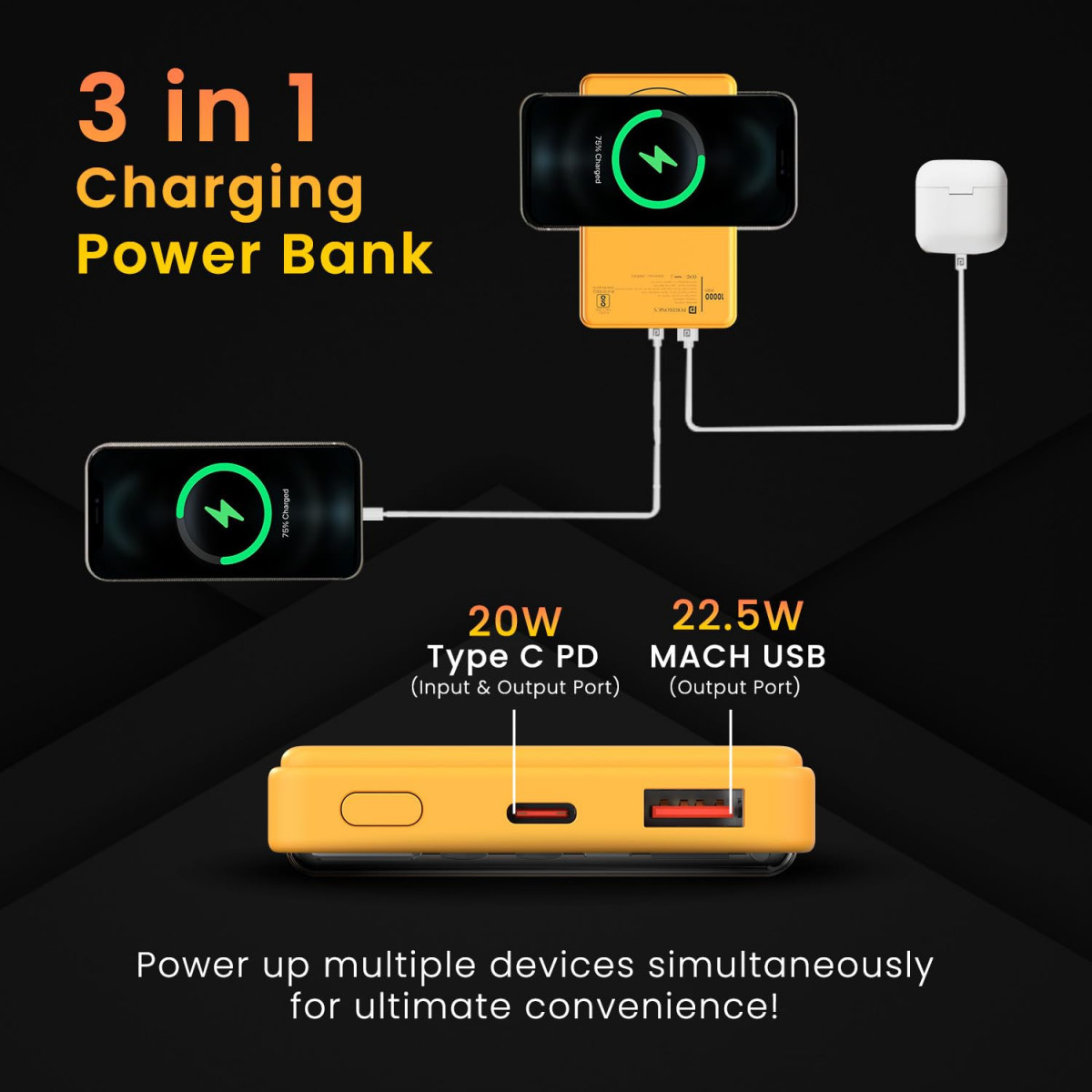 Portronics Luxcell Wireless Mini 10k 10000mAh 15W Magnetic Wireless Fast Charging Smallest Power Bank with 225 Wired Output Compatible