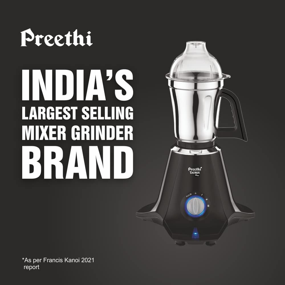 Preethi Taurus Plus MG-257 Mixer Grinder 1000 Watt BlueBlack 4 Jars - Super Extractor Juicer Jar 2 Yr Product Guarantee  Lifelong Free ServiceMetal