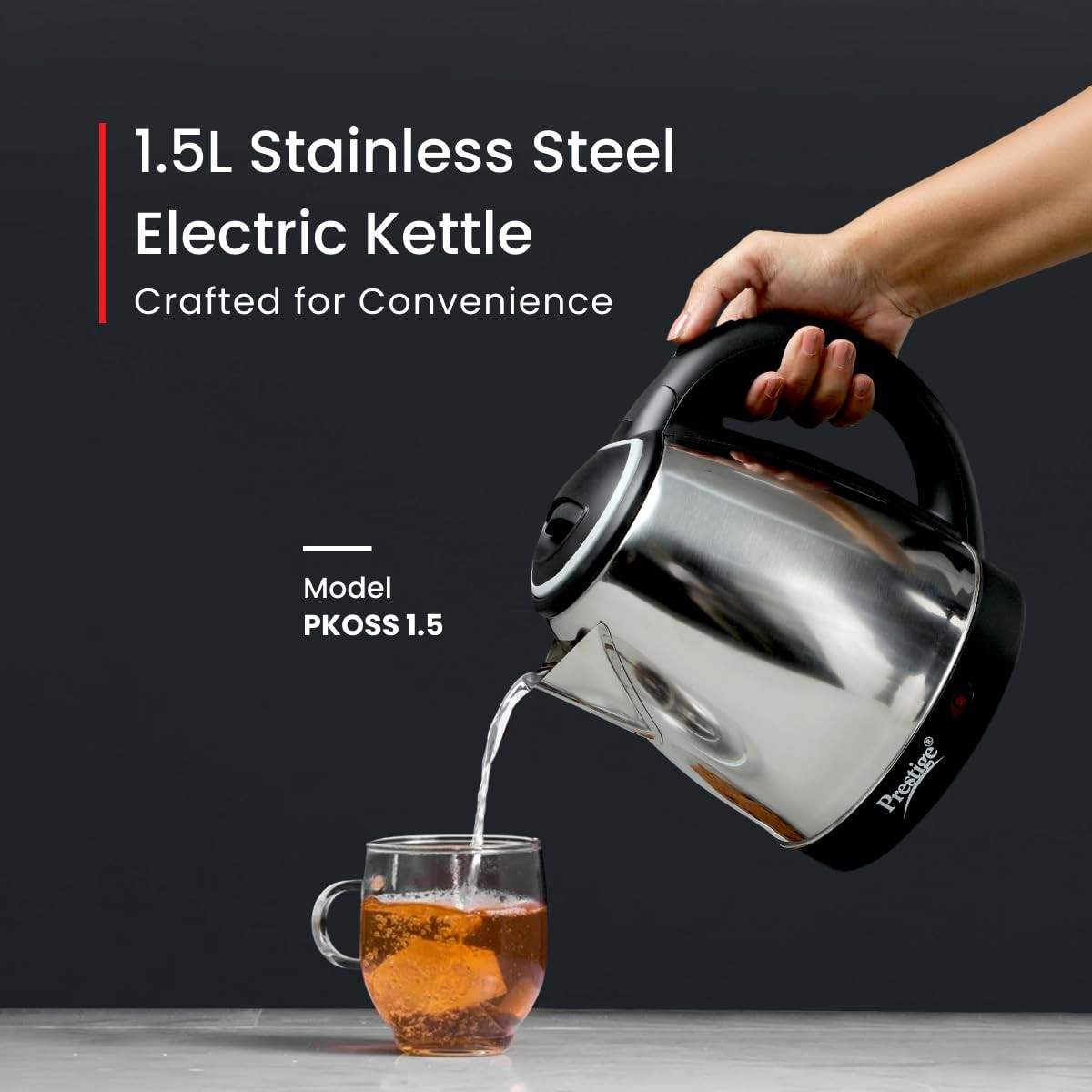 Prestige 15 Litres Electric Kettle PKOSS 151500W  Silver - Black Automatic Cut-off  Stainless Steel  Rotatable Base  Power Indicator  Single-Touch Lid Locking