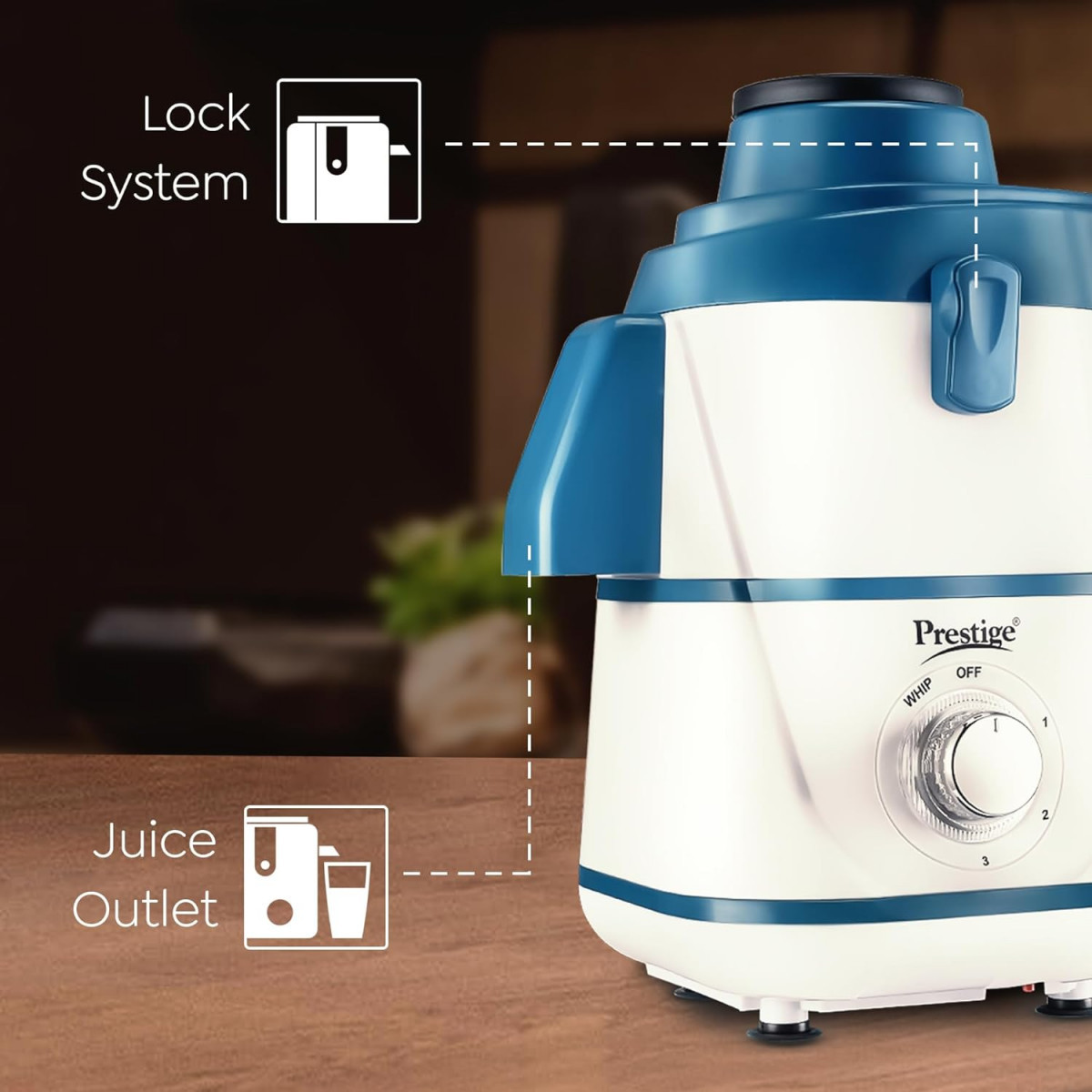 Prestige Breeze 500W Juicer Mixer Grinder With 2 Stainless Steel JarsDetachable Pulp CollectorDouble Lock SystemEfficient Stainless Steel SieveJuice OutletBlue  White