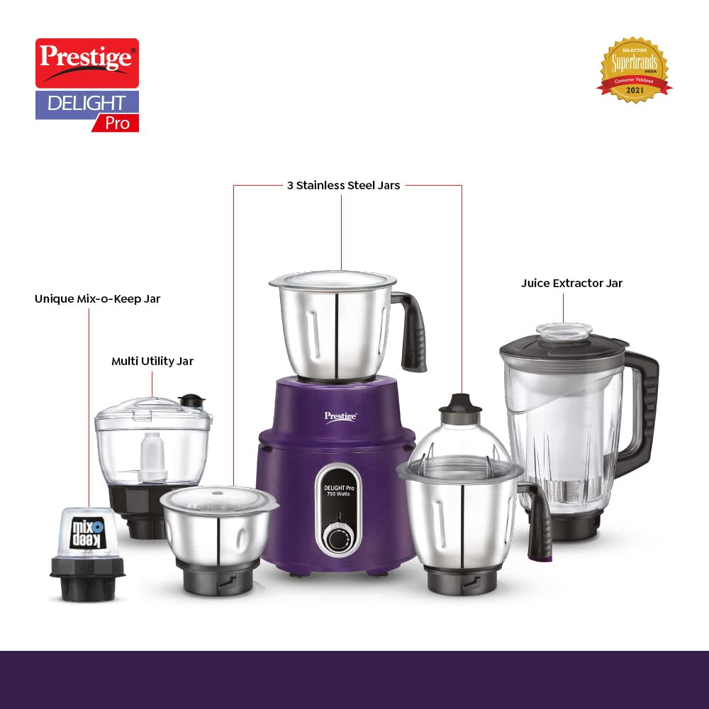 Prestige Delight Pro Mixer Grinder 750 W 6 Jars 1500 ml 1000 ml 1500 ml 450 ml Purple