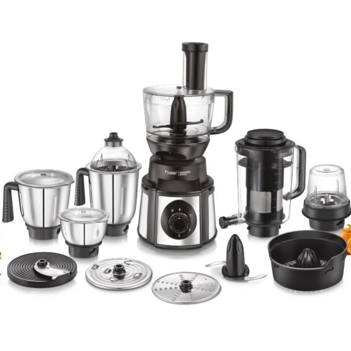 Prestige Endura Pro 1000W Multi Functional Mixer Grinder with Ball Bearing Technology6 Jars with food processing attachments 14 different functionalitiesBlack  Silver