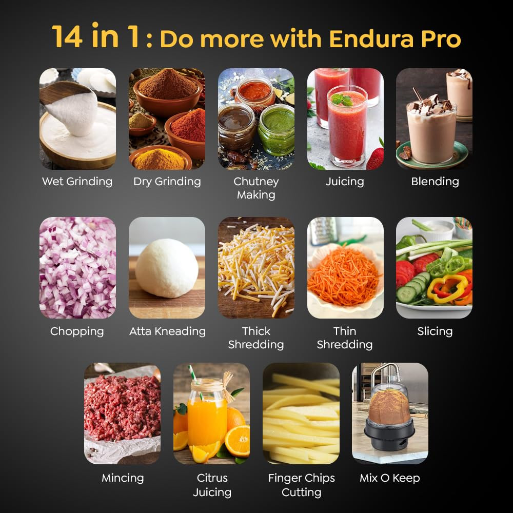 Prestige Endura Pro 1000W Multi Functional Mixer Grinder with Ball Bearing Technology6 Jars with food processing attachments 14 different functionalitiesBlack  Silver