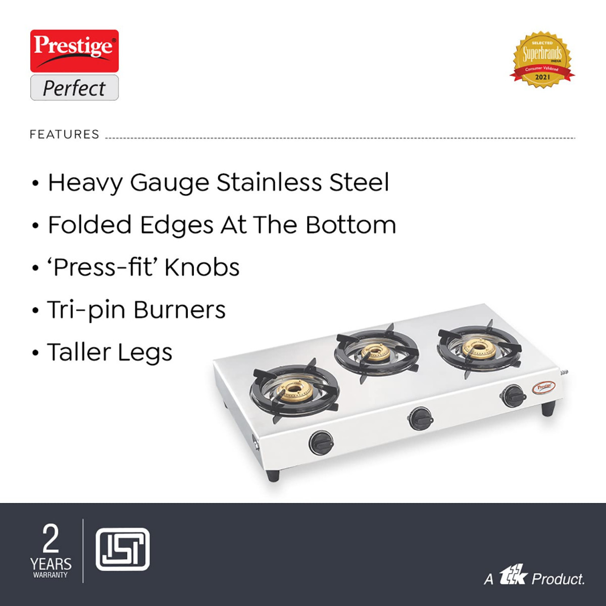 Prestige Gas Stove Perfect - Three Burner Manual  Metallic Silver