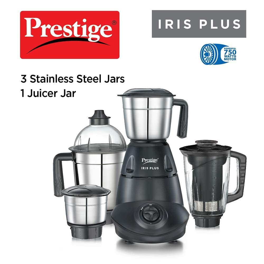 Prestige Iris Plus 750 W Mixer Grinder With 4 Jars 3 Stainless Steel Jars 1 Juicer Jar 4 Super Efficient Stainless Blades 2 Years Warranty Black 750 watts