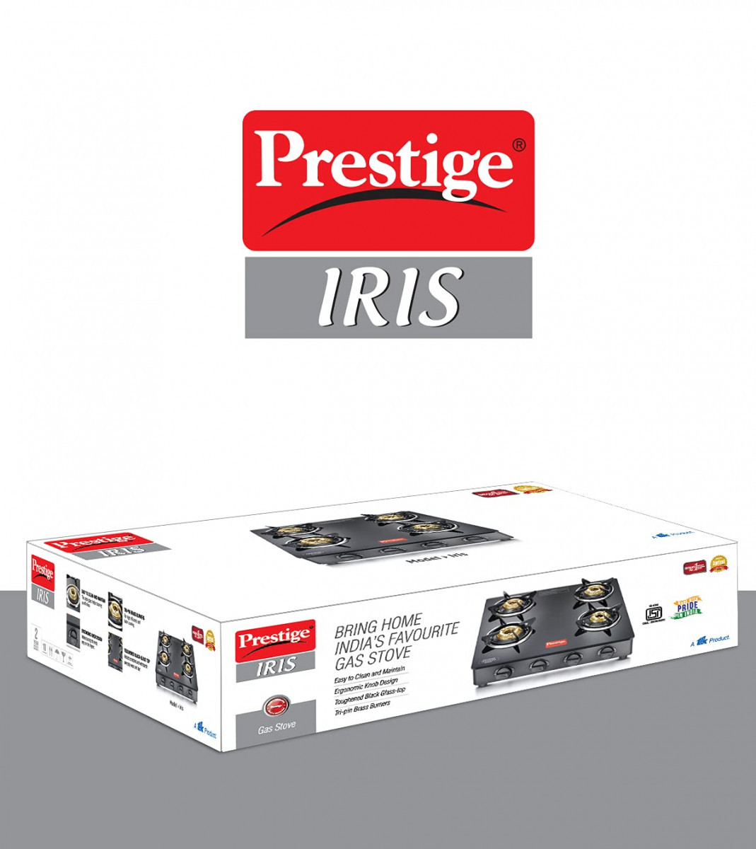 Prestige IRIS Toughened Glass-Top 4 Brass Burner Gas Stove