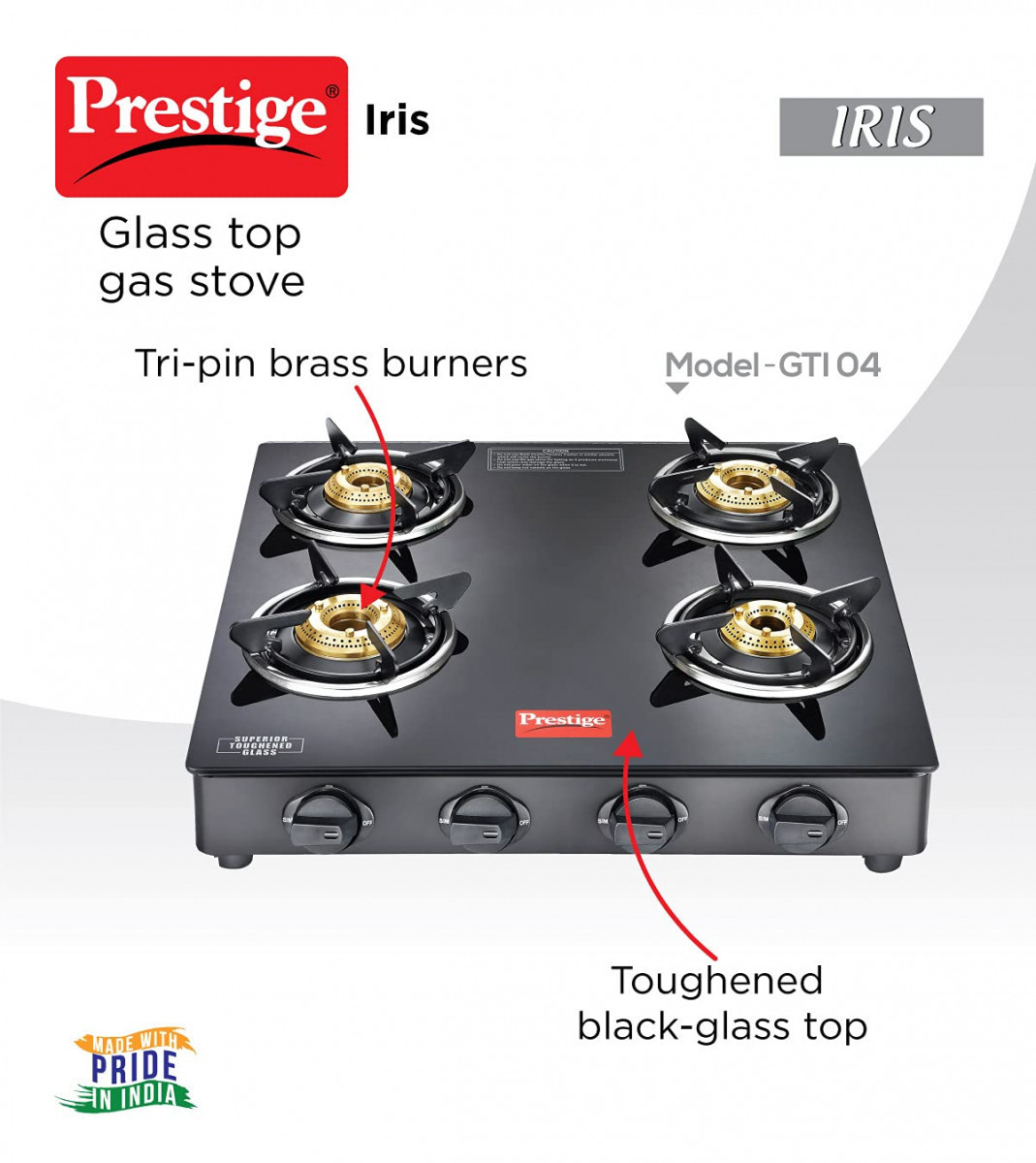 Prestige IRIS Toughened Glass-Top 4 Brass Burner Gas Stove