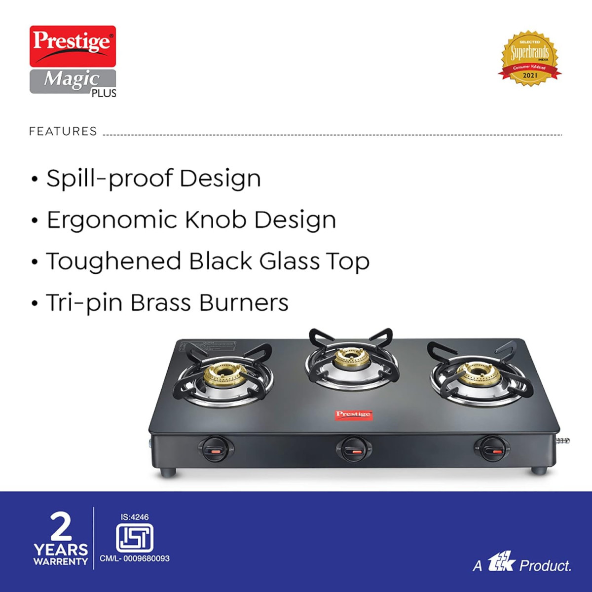 Prestige Magic plus Toughened Glass-Top 3 Brass Burner LPG Gas Stove