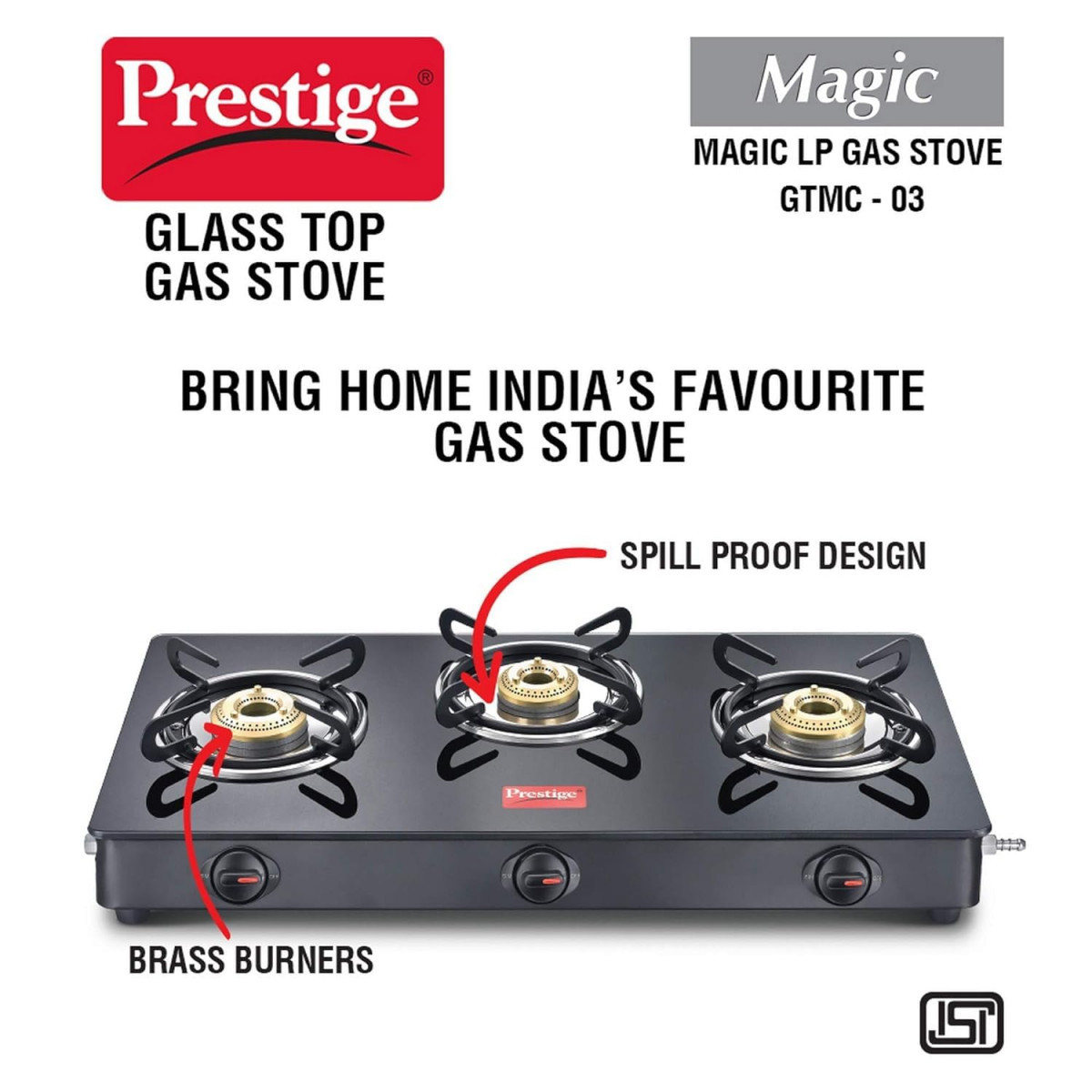 Prestige Magic Toughened Glass-Top 3 Brass Burner Gas Stove