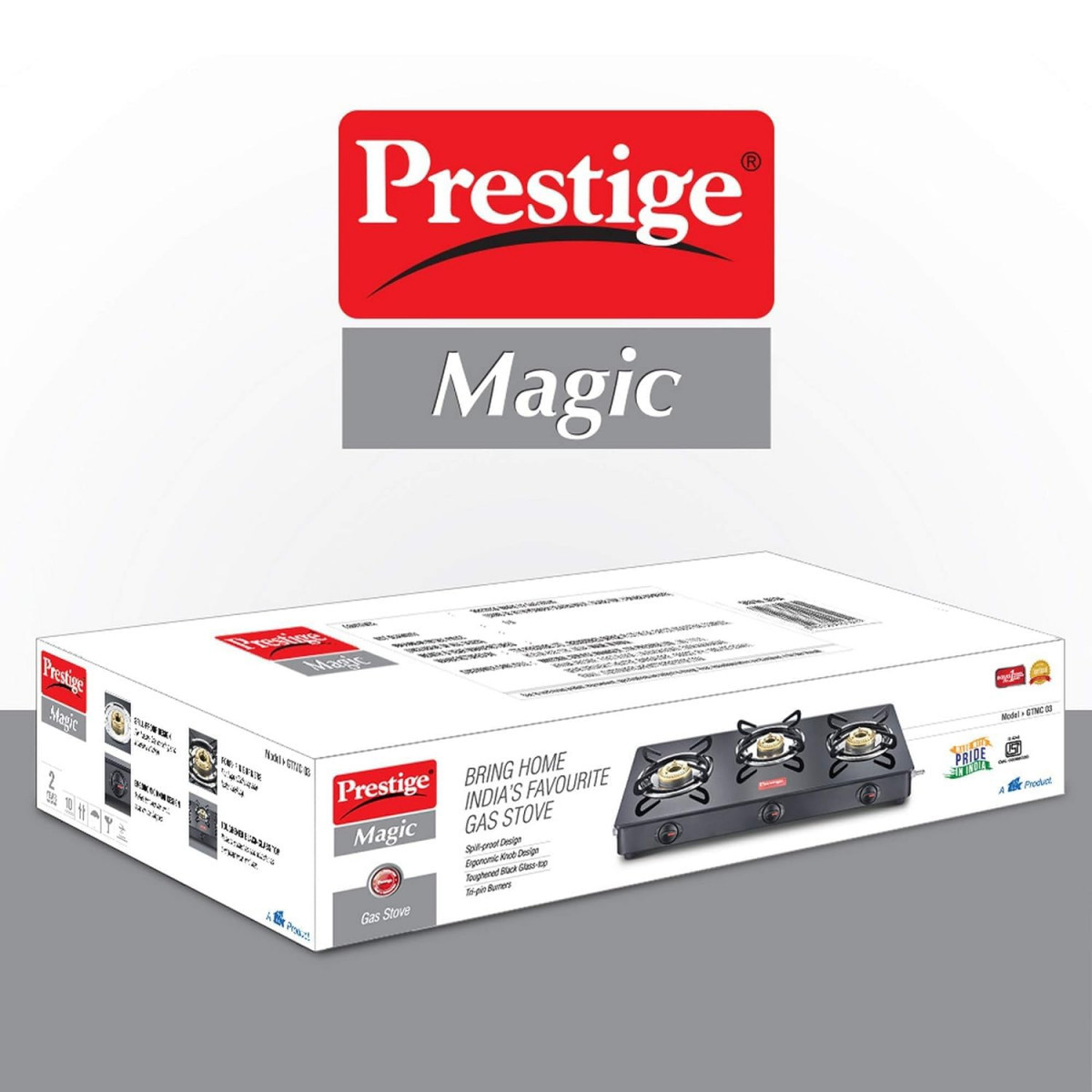 Prestige Magic Toughened Glass-Top 3 Brass Burner Gas Stove