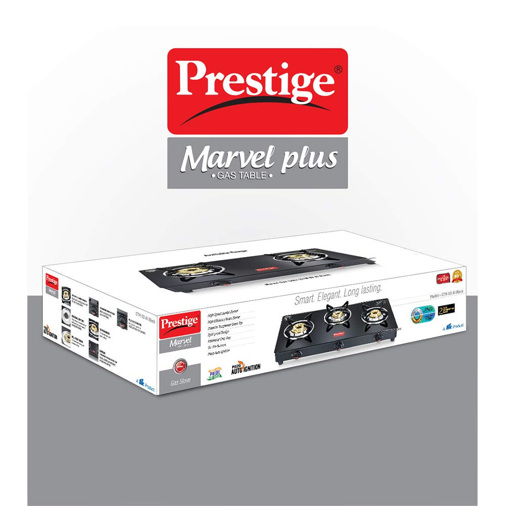 Prestige Marvel Plus Auto Ignition 3 Burner Glass Top Gas Stove GTM 03 AI Black