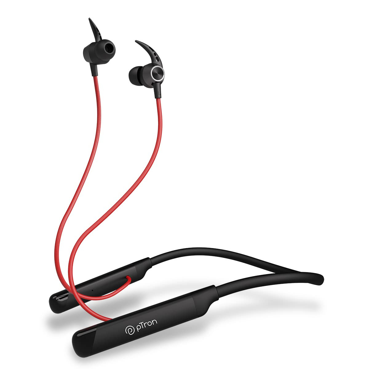 pTron Tangent Sports 60Hrs Playtime ENC BT52 Headphone AptSense 40ms Low Latency Gaming Punchy Bass Dual Device Pairing in-Ear Wireless Earphone HD Mic Type-C Fast Charging  IPX4 BlackRed