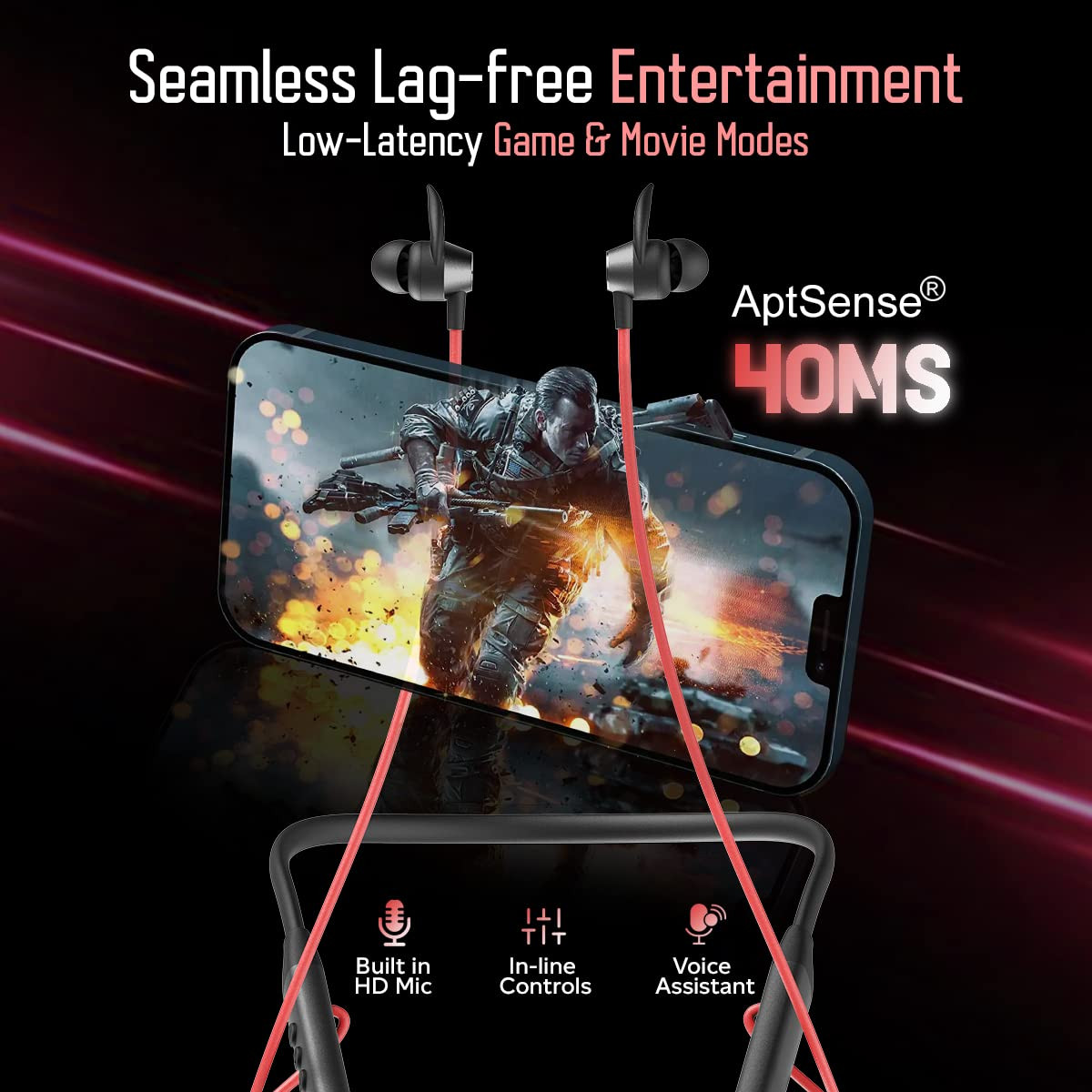 pTron Tangent Sports 60Hrs Playtime ENC BT52 Headphone AptSense 40ms Low Latency Gaming Punchy Bass Dual Device Pairing in-Ear Wireless Earphone HD Mic Type-C Fast Charging  IPX4 BlackRed