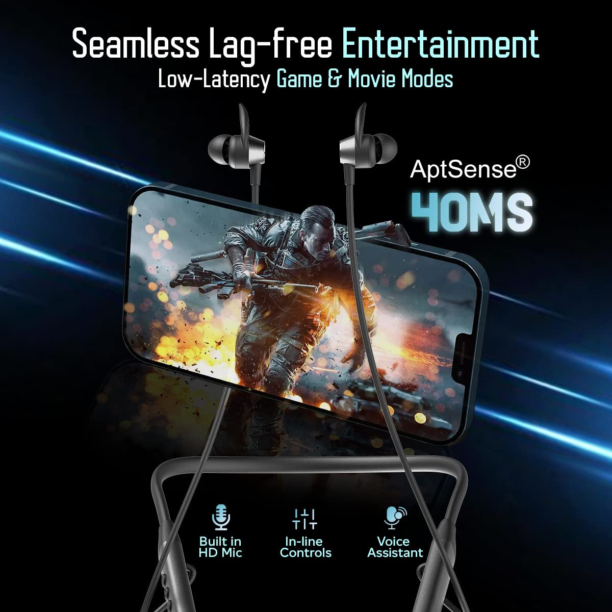 pTron Tangent Sports 60Hrs Playtime ENC Calls BT52 Headphone AptSense 40ms Low Latency Gaming HD Mic Dual Device Pairing in-Ear Wireless Earphone Type-C Fast Charging  Voice Assist Black