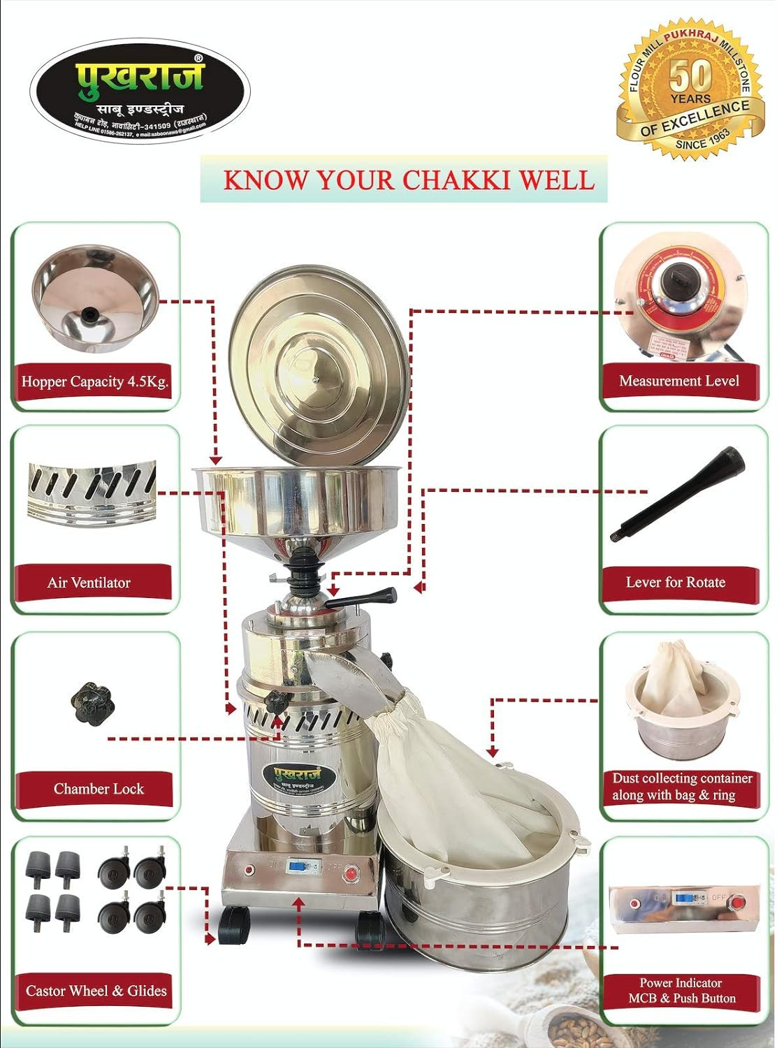 PUKHRAJ Stainless Steel 1Hp Mini Chakki - The Kitchen Top Flour Maker With Dust Proof Flour Collecting Container - Made In India