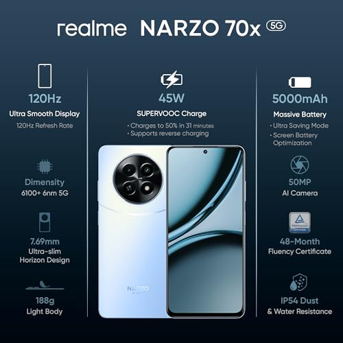 realme NARZO 70x 5G Ice Blue 6GB RAM128GB Storage120Hz Ultra Smooth DisplayDimensity 6100 6nm 5G50MP AI Camera45W Charger in The Box