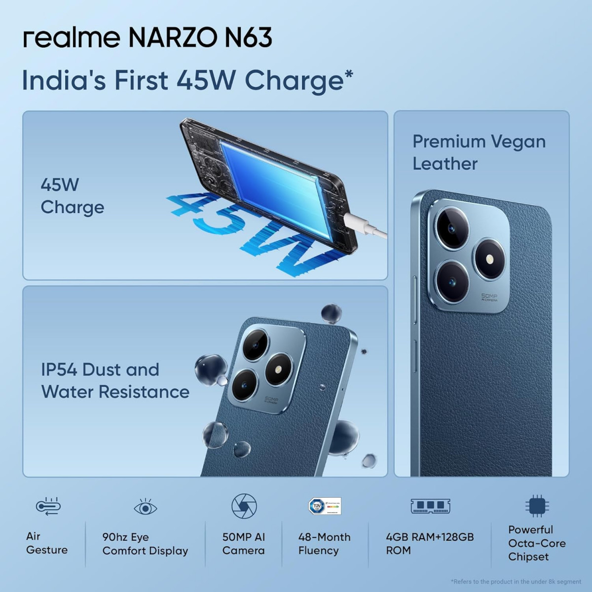 realme NARZO N63 Leather Blue 4GB RAM128GB Storage 45W Fast Charge  5000mAh Durable Battery  774mm Ultra Slim  50MP AI Camera  AI Boost