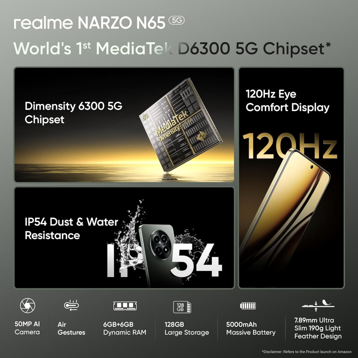 realme NARZO N65 5G Deep Green 4GB RAM 128GB Storage India039s 1st D6300 5G Chipset  Ultra Slim 190g Design  120Hz Eye Comfort Display  50MP AI Camera Charger in The Box