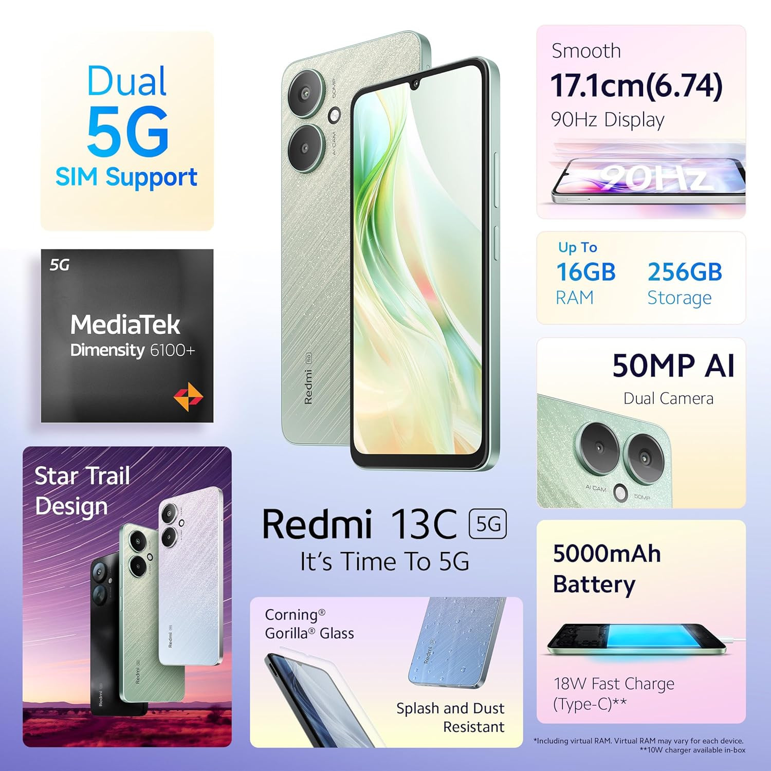 Redmi 13C 5G Startrail Green 4GB RAM 128GB Storage  MediaTek Dimensity 6100 5G  90Hz Display