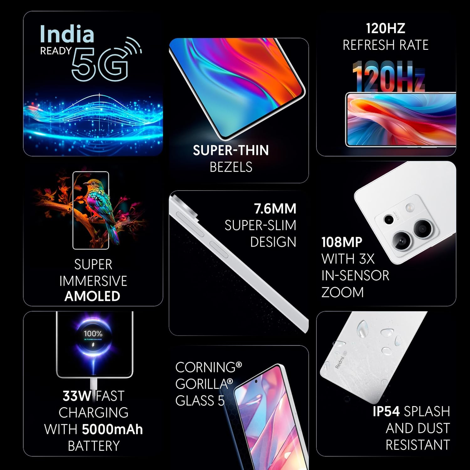 Redmi Note 13 5G Arctic White 12GB RAM 256GB Storage  5G Ready  120Hz Bezel-Less AMOLED  7mm Slimmest Note Ever  108MP Pro-Grade Camera