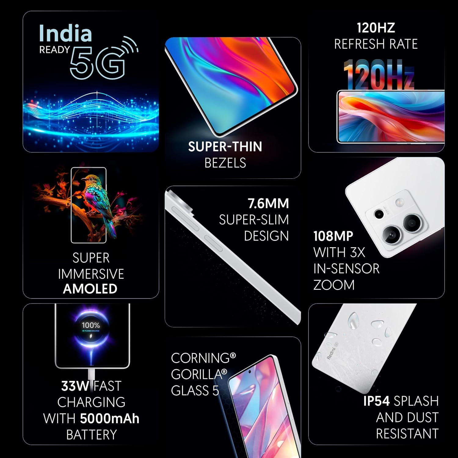 Redmi Note 13 5G Arctic White 8GB RAM 256GB Storage  5G Ready  120Hz Bezel-Less AMOLED  7mm Slimmest Note Ever  108MP Pro-Grade Camera