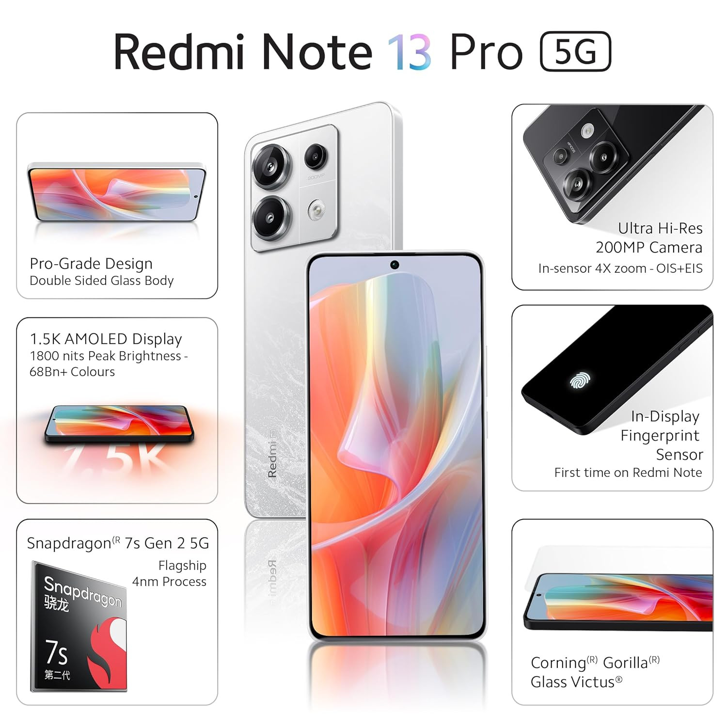 Redmi Note 13 Pro Arctic White 12GB RAM 256GB Storage  15K AMOLED  200MP Hi-Res Camera  Flagship 4nm SD 7s Gen 2  67W TurboCharge