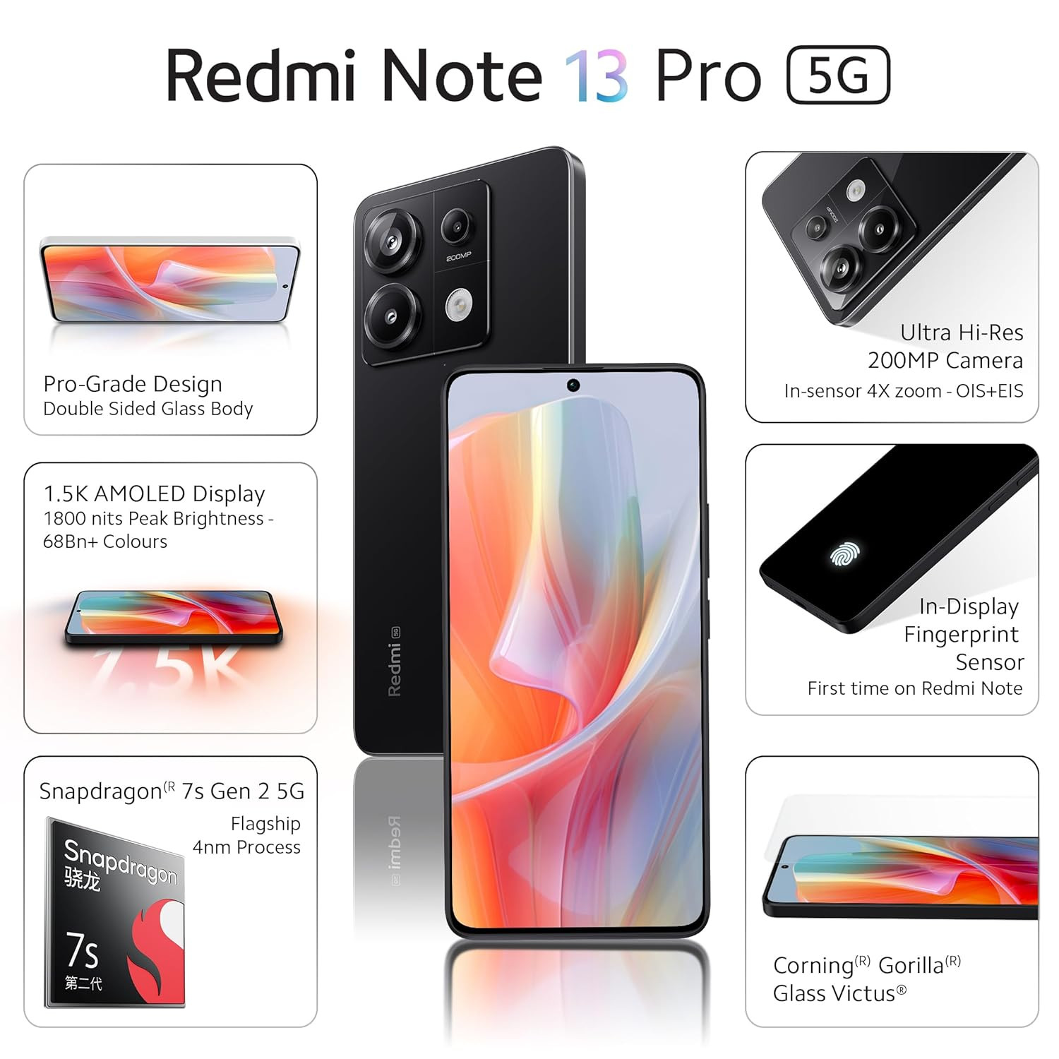 Redmi Note 13 Pro Midnight Black 12GB RAM 256GB Storage  15K AMOLED  200MP Hi-Res Camera  Flagship 4nm SD 7s Gen 2  67W TurboCharge