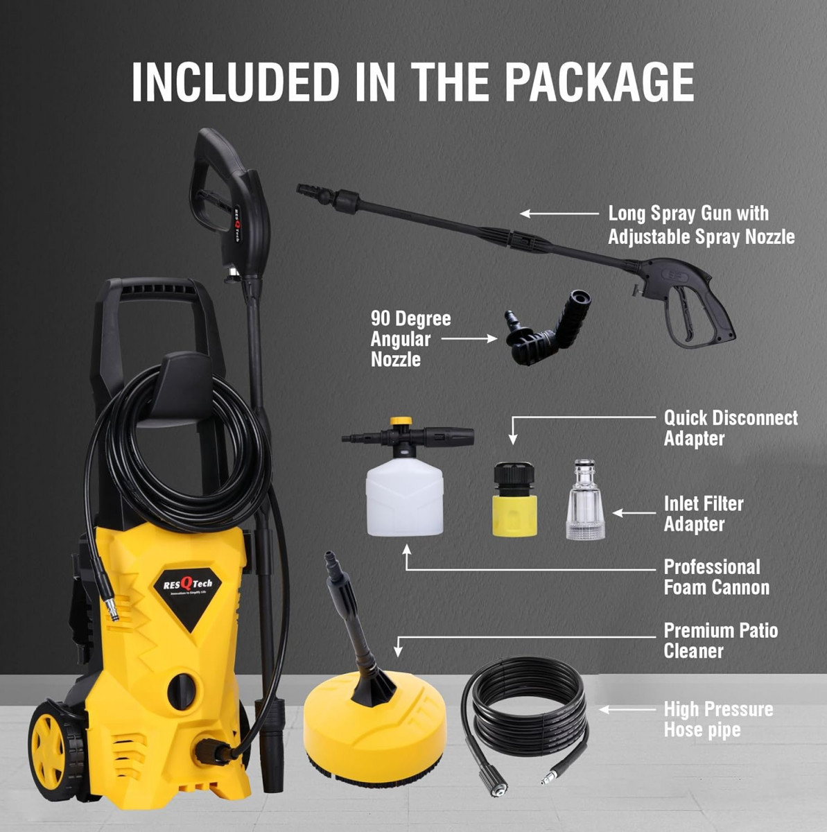ResQTech PW-101 Advance 1700 Watt 135 Bar High Pressure Washer for Car Bike and Home - 2 Year Warranty - Patio Cleaner - Foam Cannon - 90 Degree Nozzle - 6m Hose Pipe 6 m Power Cord - Copper Winding -  Premium Edition 