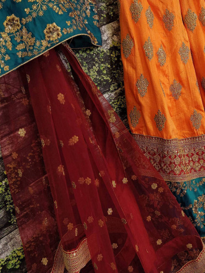 Buy Bollywood Sabyasachi Inspired Ocean blue orange and red silk lehenga in  UK, USA and Can