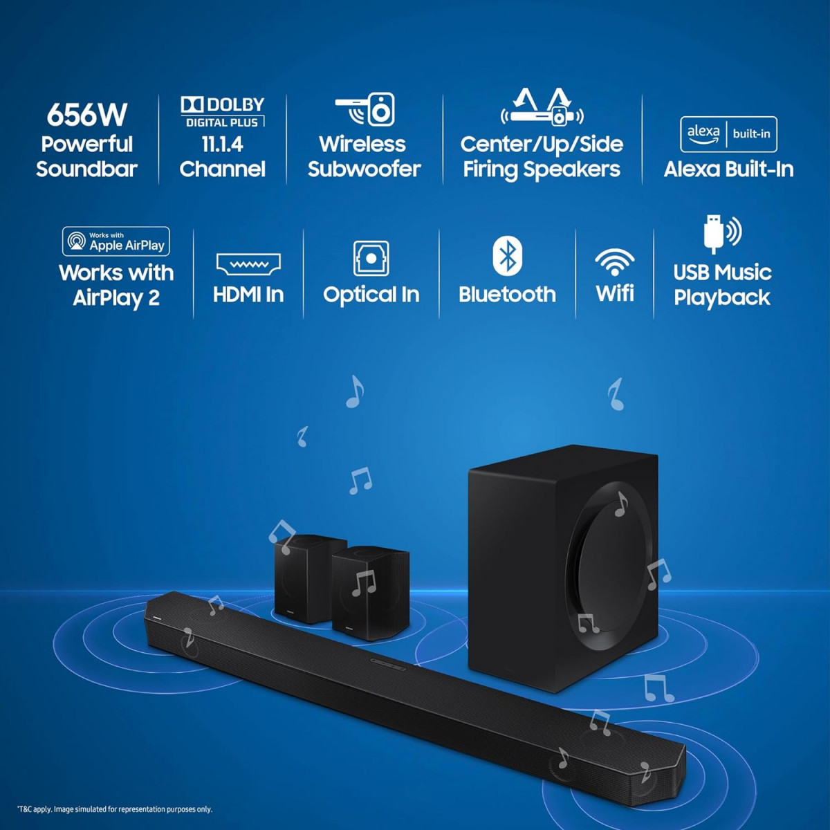 Samsung 1114ch HW-Q990BXL Q-Symphony Soundbar Wireless Subwoofer TopCentreSide Firing Speakers Wide Range Tweeter Wireless Rear Speaker Dolby Atmos Built-in Alexa AirPlay2Wi-FiBluetooth