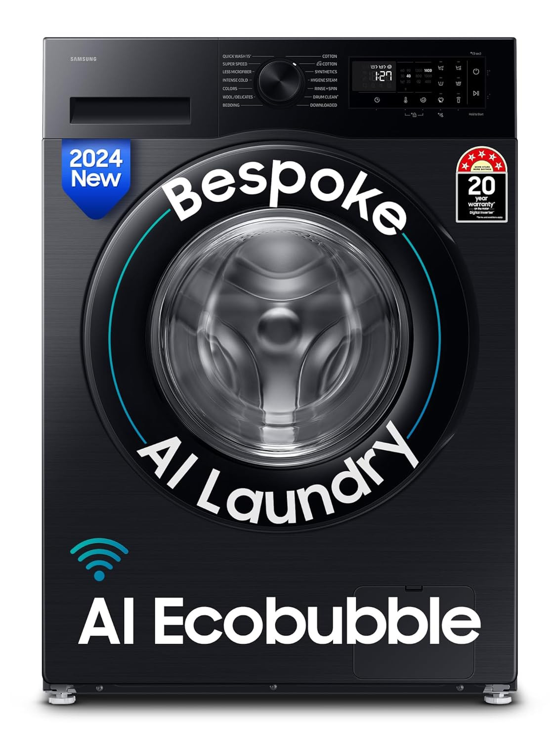 Samsung 12 kg 5 Star AI Ecobubble Super Speed Wi-Fi Hygiene Steam with Inbuilt Heater Digital Inverter Fully-Automatic Front Load Washing Machine WW12DG5B24ABTL Black