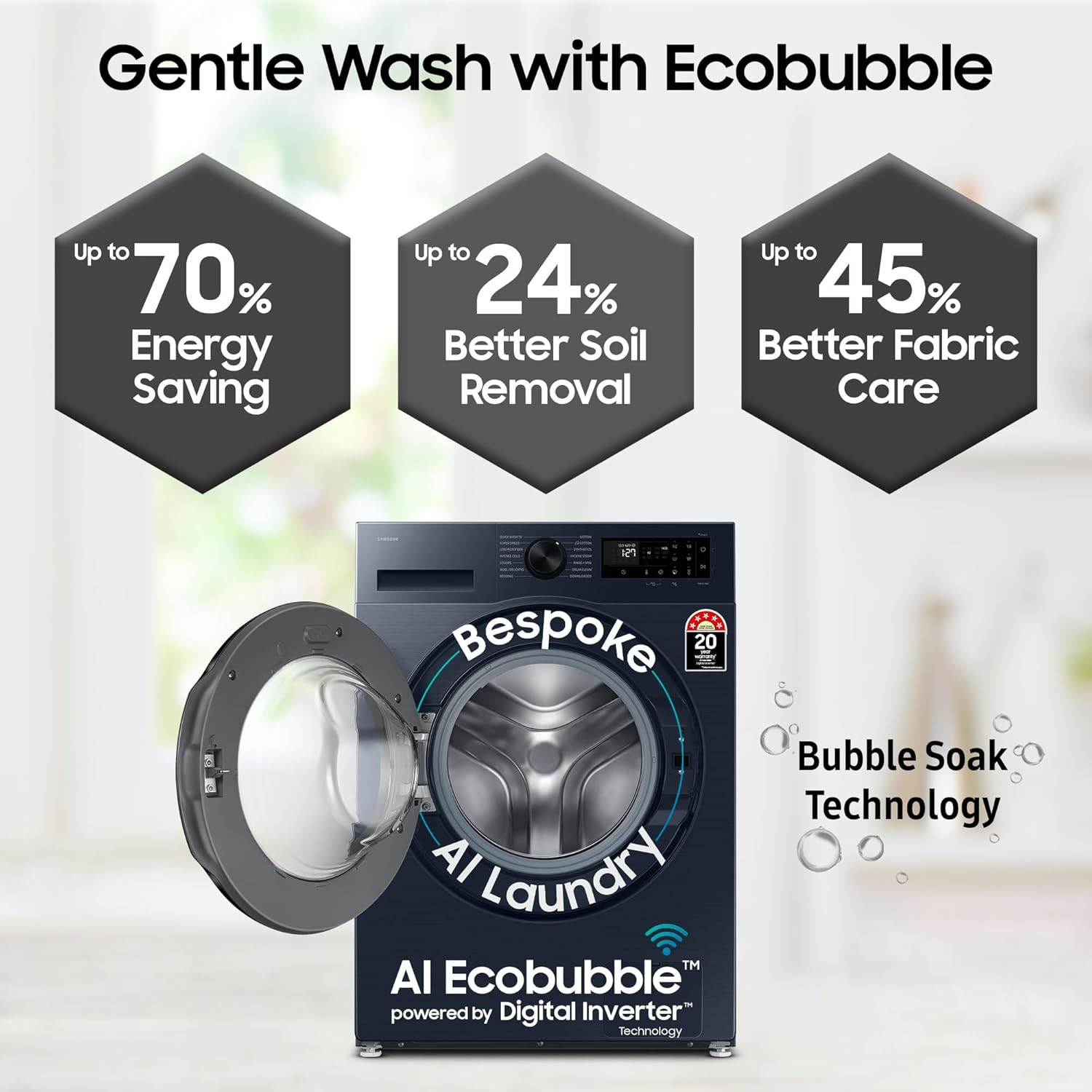 Samsung 12 kg 5 Star AI Ecobubble Super Speed Wi-Fi Hygiene Steam with Inbuilt Heater Digital Inverter Fully-Automatic Front Load Washing Machine WW12DG5B24ABTL Black