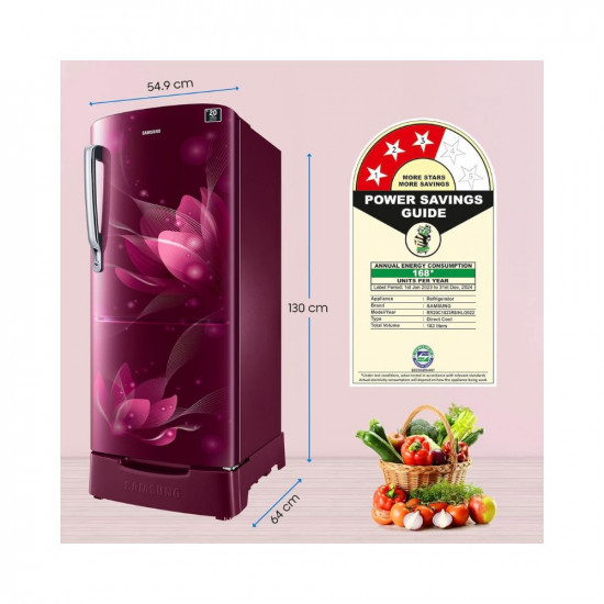 Samsung 183 L 3 Star Digital Inverter Direct-Cool Single Door Refrigerator RR20C1823R8HL Blooming Saffron Red Base Stand Drawer 2023 ModelRomiv