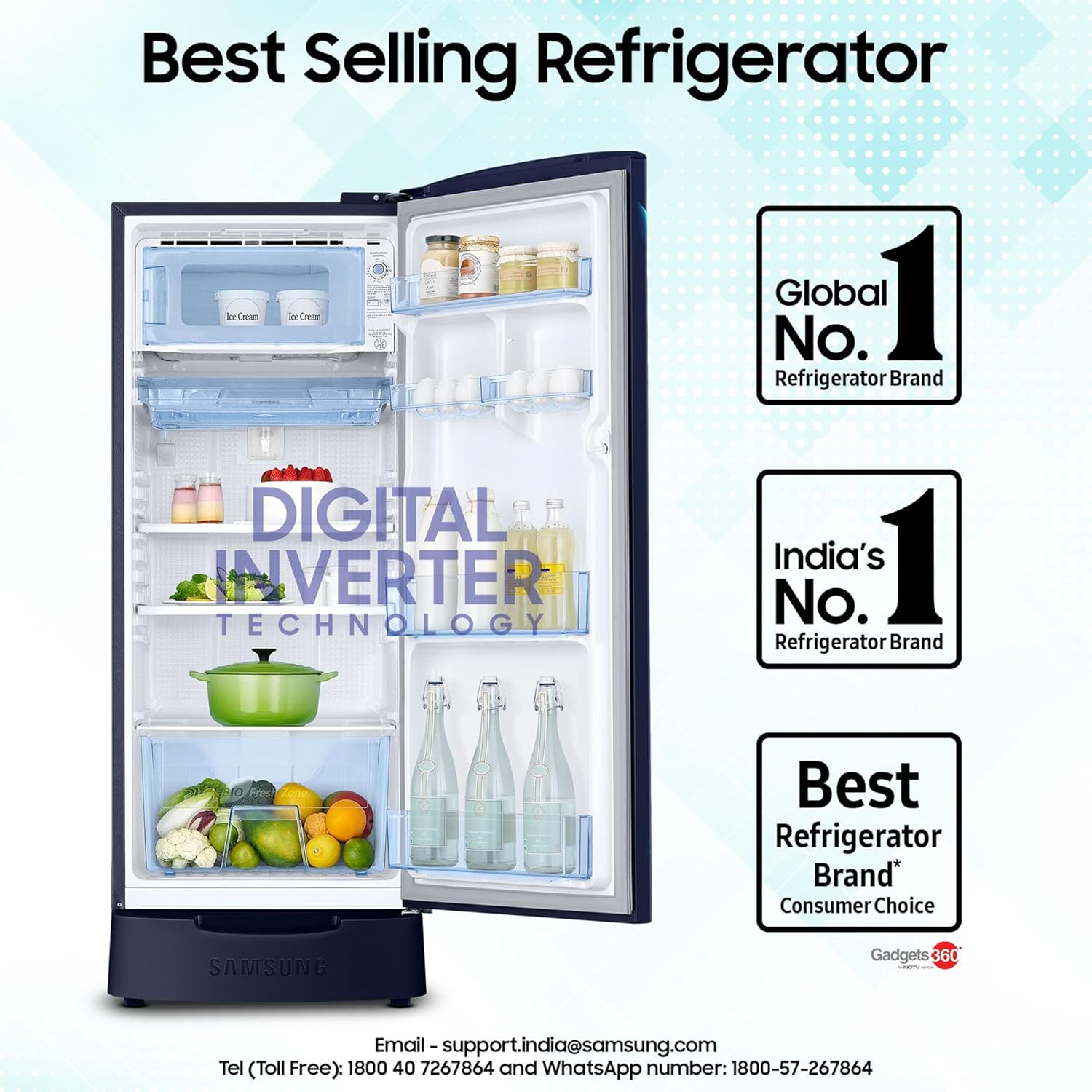 Samsung 183 L 5 Star Digital Inverter Direct-Cool Single Door Refrigerator RR20D2825HVNL Himalaya Poppy Blue Base Stand Drawer 2024 Model