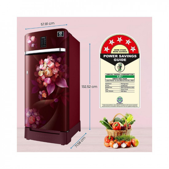 Samsung 189 L 5 Star Digi-Touch Cool Digital Inverter with Display Direct-Cool Single Door Refrigerator RR21C2F25HTHL Red Hydrangea Plum Base Stand Drawer 2023 ModelArshi