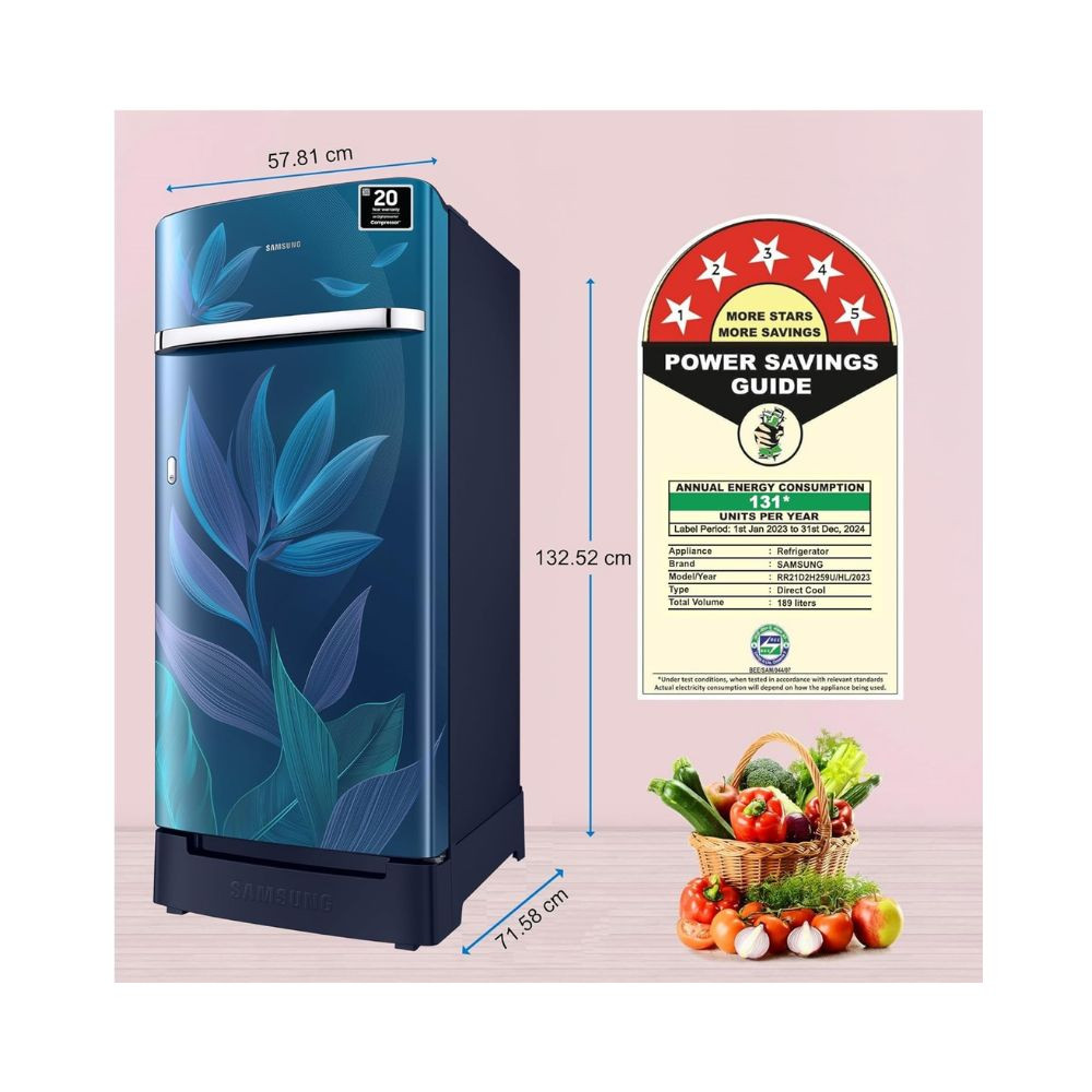 Samsung 189 L 5 Star Digital Inverter Direct-Cool Single Door Refrigerator RR21D2H259UHL Paradise Bloom Blue Base Stand Drawer 2024 Model