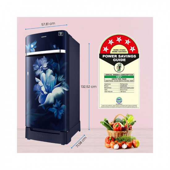 Samsung 189L 5 Star Inverter Direct-Cool Single Door Refrigerator RR21C2H25UZHLMidnight Blossom Blue Base Stand Drawer 2023 ModelArshi