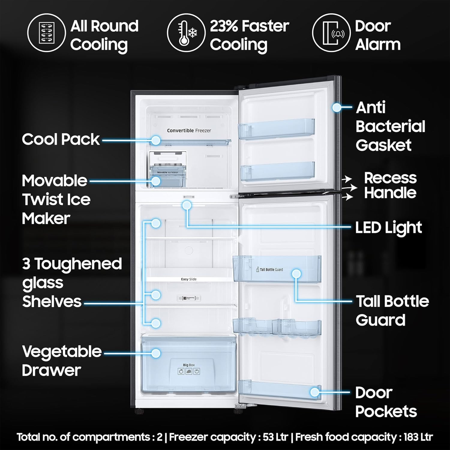 Samsung 236 L 3 Star Convertible Digital Inverter with Display Frost Free Double Door Refrigerator RT28C3733B1HL Black Matt 2024 Model