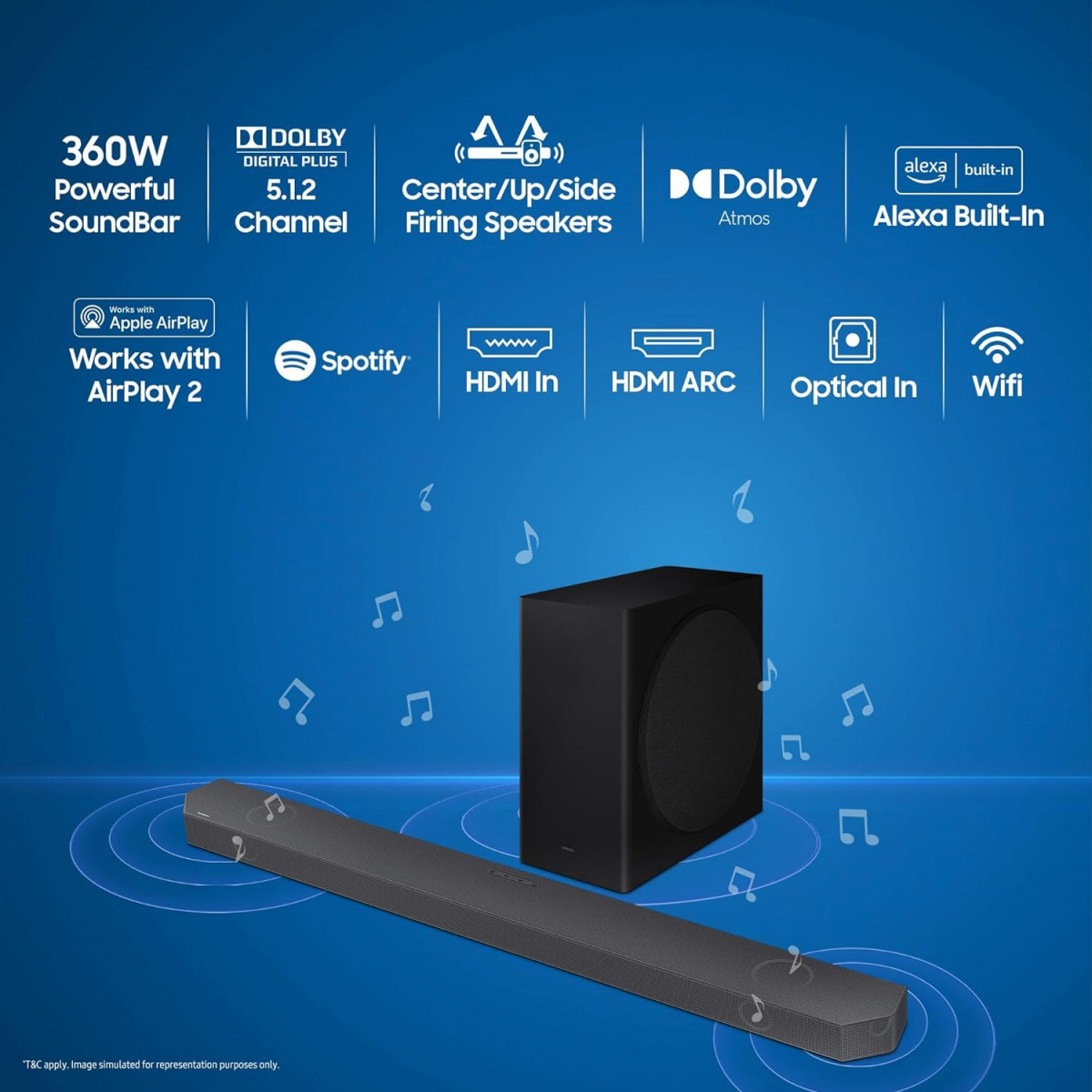Samsung 360 W 512ch HW-Q800CXL Q-Symphony Soundbar with Wireless Subwoofer TopCentreSide Firing Speakers Wide Range Tweeter Dolby Atmos Built-in Alexa AirPlay2 Wi-Fi Black