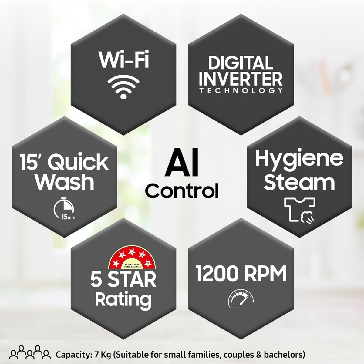 Samsung 7 kg 5 Star AI Control Wi-Fi Digital Inverter Motor Fully-Automatic Front Load Washing Machine WW70T502NAN1TL Hygiene Steam Inox