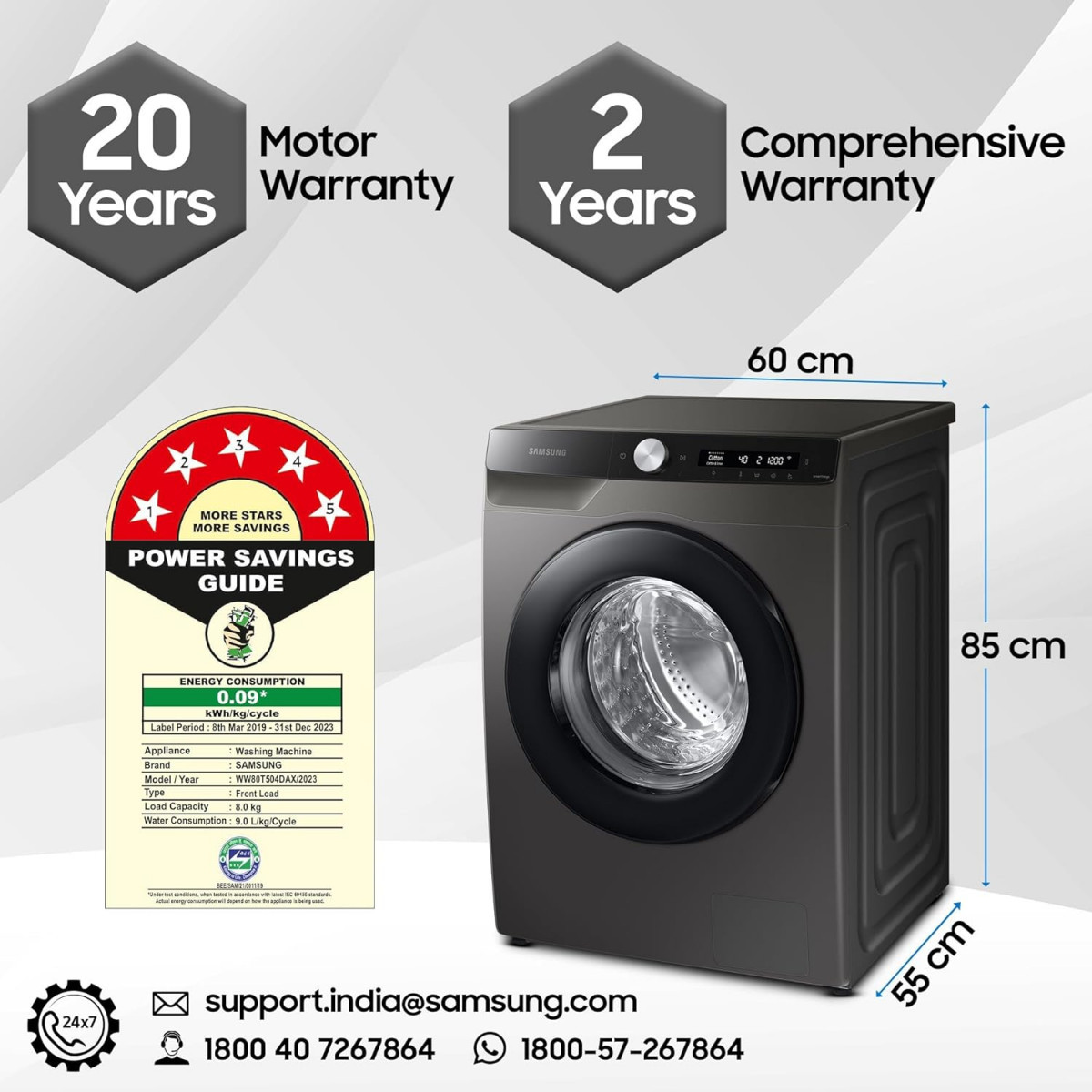Samsung 8 kg 5 star Eco Bubble Technology AI Control Wi-Fi Fully-Automatic Front Load Washing Machine WW80T504DAX1TL Hygiene Steam Inox Awarded as Washing Machine Brand of the year