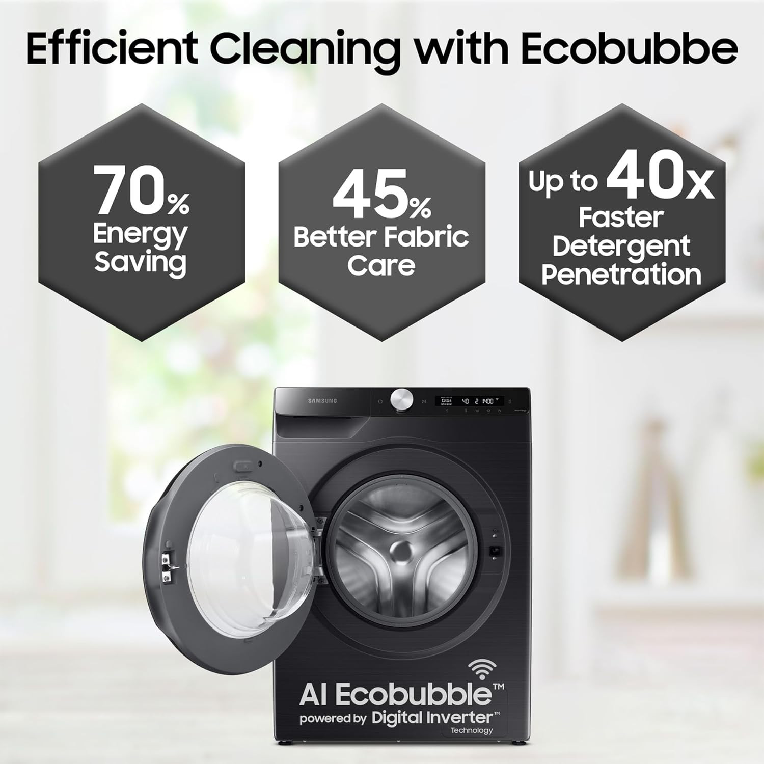 Samsung 8 kg 5 star Eco Bubble Technology AI Control Wi-Fi Fully-Automatic Front Load Washing Machine WW80T504DAB1TL Hygiene Steam Black Caviar Awarded as Washing Machine Brand of the year